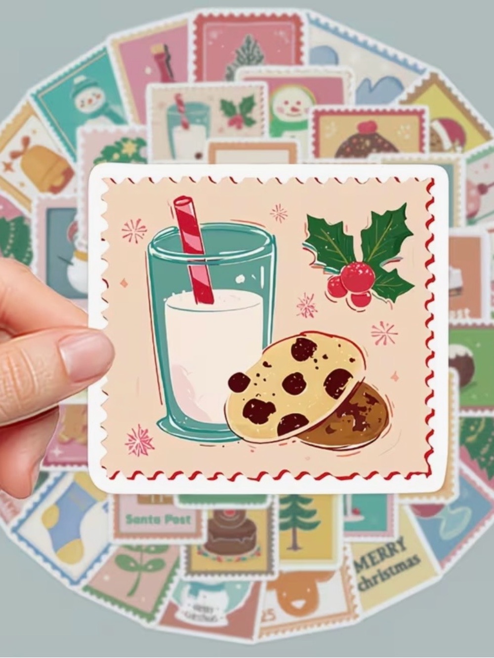 50 Christmas Iridescent Stickers Stamp Style Trees Reindeer Gingerbread Snowman - Picture 12 of 16